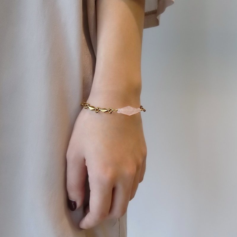 Rose Quartz  Long Lantern Bead Handmade Brass Bracelet | The One - Bracelets - Gemstone Pink