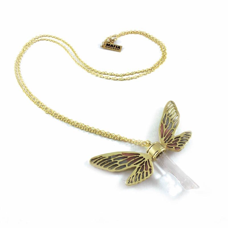 Brass Dragonfly wing pendant with clear raw quartz stone and enamel color - 項鍊 - 其他金屬 