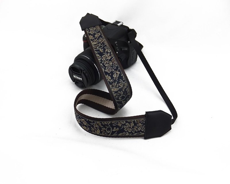 Camera strap personalized custom printable leather stitching embroidery pattern ethnic style 003 - ขาตั้งกล้อง - หนังแท้ สีน้ำเงิน
