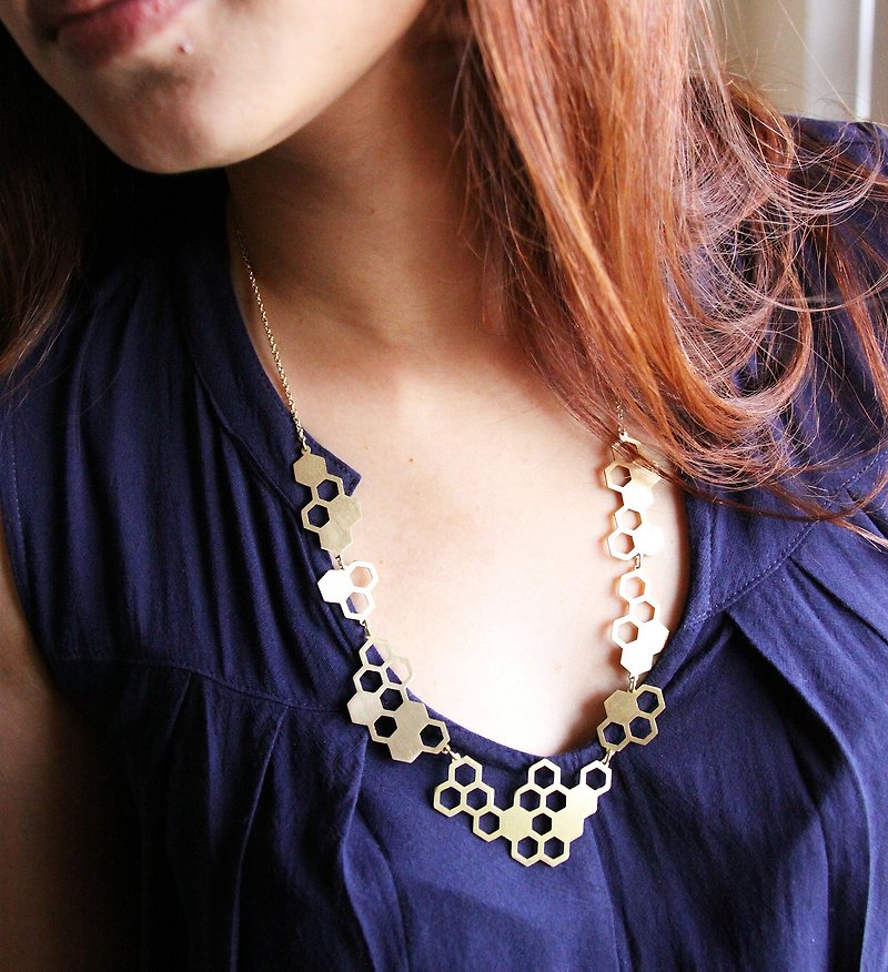 Geometric Honeycomb Illustration Part Two - Golden Brass Hand Craft Necklace - Necklaces - Other Metals Gold