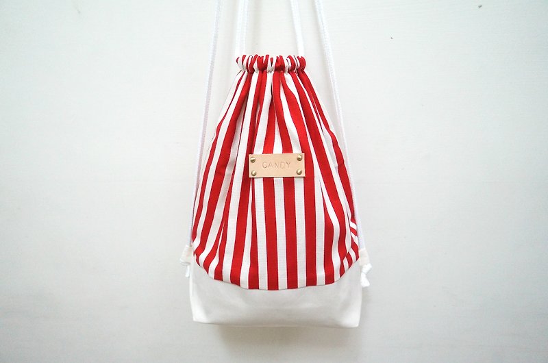 Red Wenqingfeng stripe series (Beam back pocket) / give free print name Paper superscript - Drawstring Bags - Cotton & Hemp Red