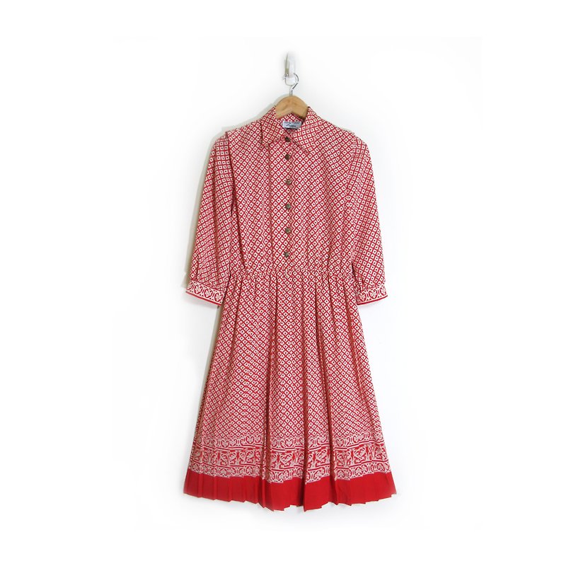 [Eggs] red Baroque plant vintage print vintage pleated long sleeve dress - One Piece Dresses - Other Materials Red