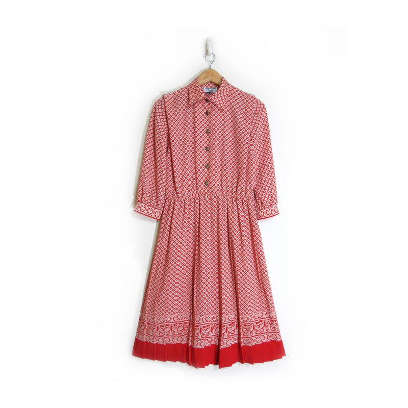 [Eggs] red Baroque plant vintage print vintage pleated long sleeve dress - ชุดเดรส - วัสดุอื่นๆ สีแดง