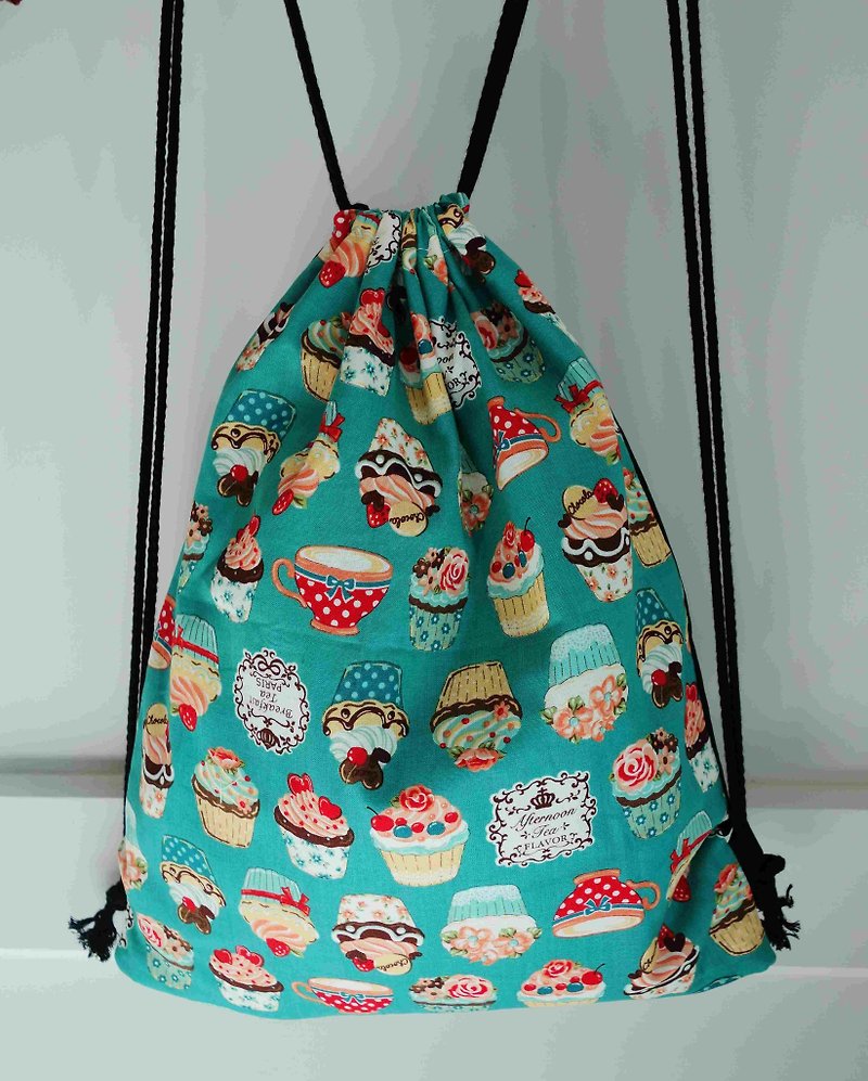 ~ M + Bear ~ Vintage Drawstring Backpack (blue cupcakes like) - Drawstring Bags - Cotton & Hemp Blue