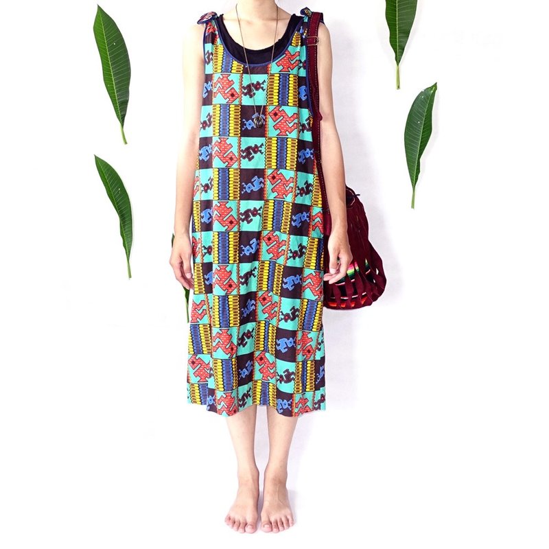 BajuTua / vintage / blue and green plaid African tribal totem animal bandage Dress - ชุดเดรส - ผ้าฝ้าย/ผ้าลินิน หลากหลายสี