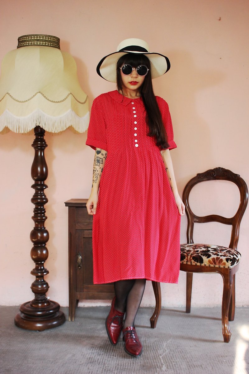 F1115 (Vintage) red delicate little white cotton short-sleeved vintage attached waist strap dress (wedding / picnic / party) - One Piece Dresses - Other Materials Red
