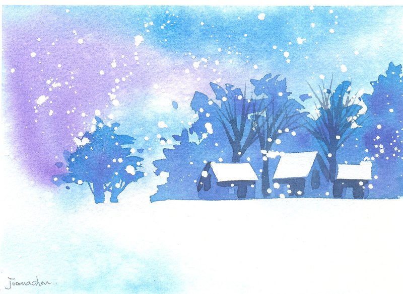 聖誕卡片「療癒系樹林系列1-95」水彩手繪限量版明信片/賀卡 - カード・はがき - 紙 ブルー