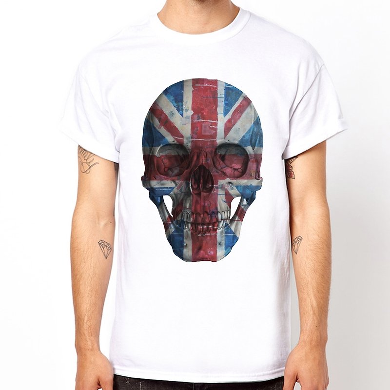 UNION SKULL Short Sleeve T-Shirt-White Union Jack Skull Design Art Photo Illustration - เสื้อยืดผู้ชาย - วัสดุอื่นๆ ขาว