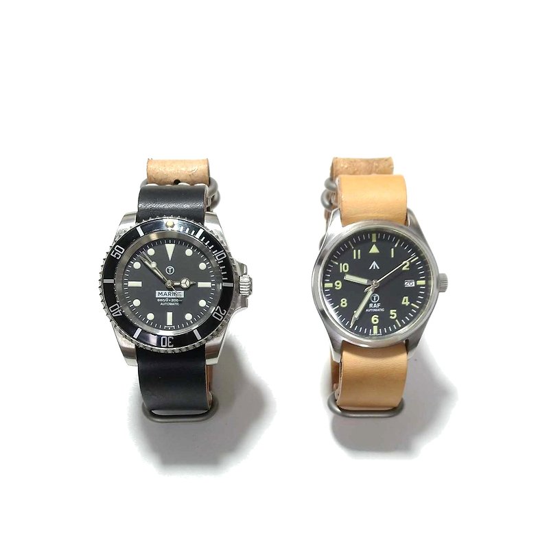 レザーNATOストラップ/最も古典的なミリタリーストラップ - 腕時計ベルト - 革 ブラック