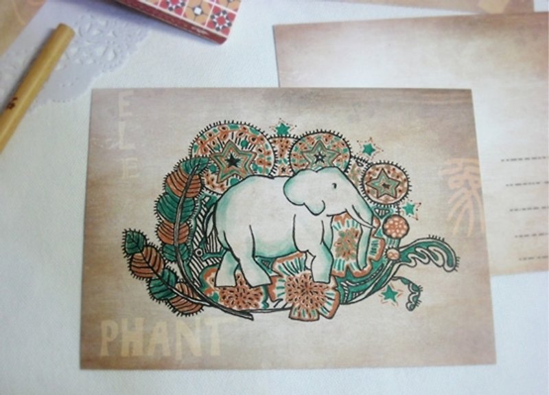 <Animals in the Secret Land> Elephant graffiti Postcards - การ์ด/โปสการ์ด - กระดาษ สีนำ้ตาล