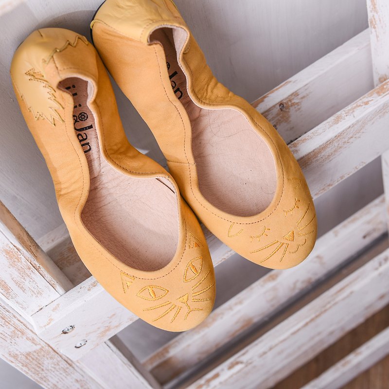 [Cat's March] Two 喵喵 ‧ folding ballet shoes _ yellow Rhapsody - Mary Jane Shoes & Ballet Shoes - Genuine Leather Yellow