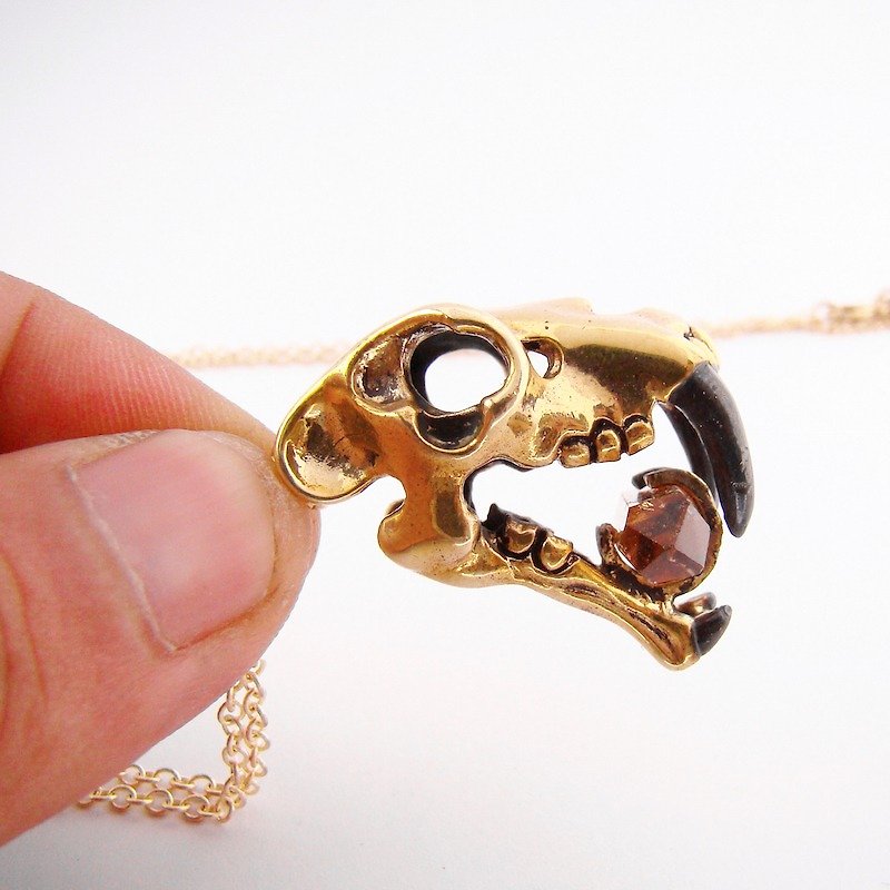 Brass Saber tooth skull pendant with smoky quartz stone and oxidized antique color - Necklaces - Other Metals 