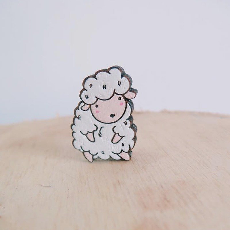 Wooden brooch shaggy sheep - Brooches - Wood White