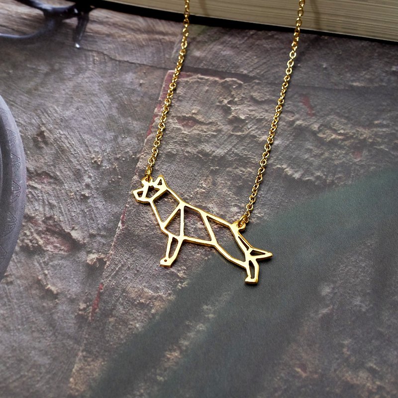 German Shepherd Necklace gift for dog lover, Origami Dog, Gold Plated Brass - 項鍊 - 銅/黃銅 金色