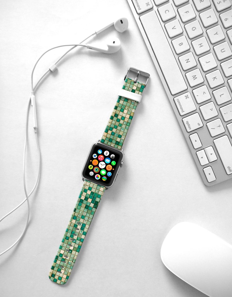 Apple Watch Series 1 , Series 2, Series 3 - Mint teal tile pattern Watch Strap Band for Apple Watch / Apple Watch Sport - 38 mm / 42 mm avilable - สายนาฬิกา - หนังแท้ 