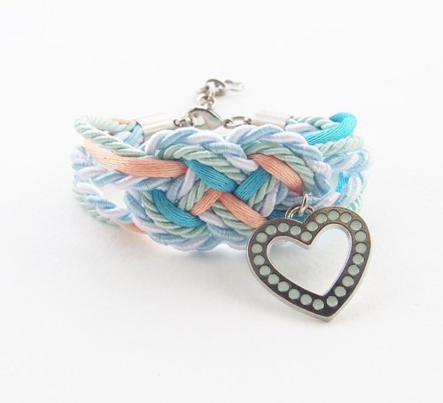 Pastel bracelet - silver mint heart - nautical bracelet - tie the knot bracelet - infinity rope knot bracelet - rope jewelry.