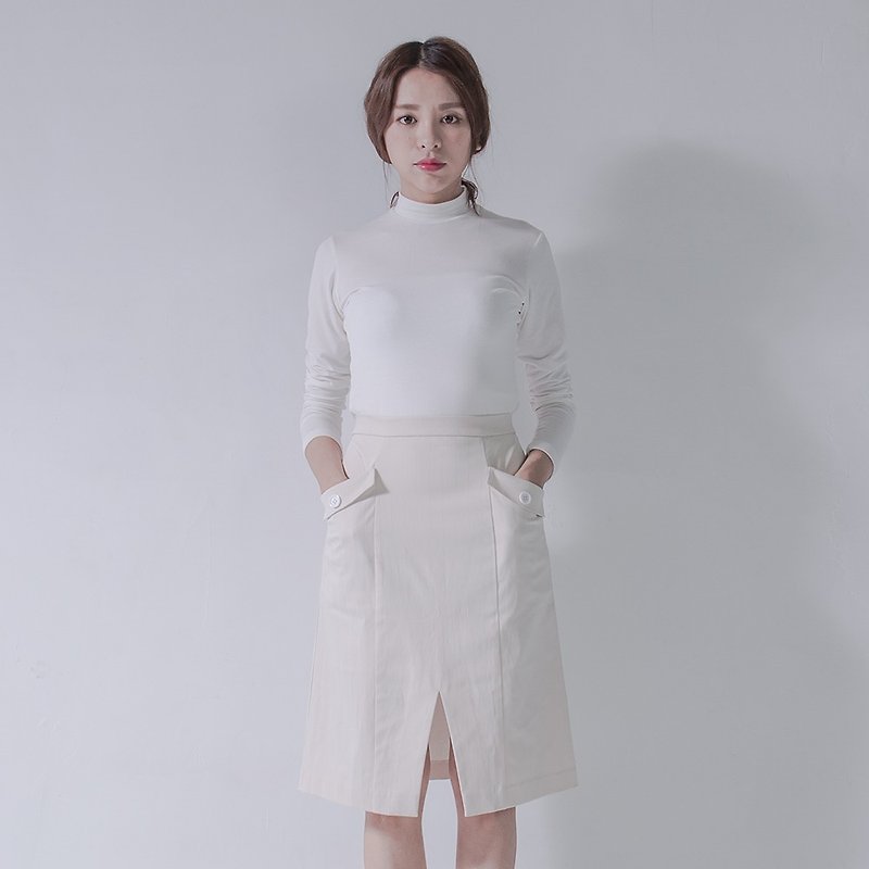SU: MI said Elegantly Split Elastic Skirt _5AF400_ Off-White Straight Stripe - กระโปรง - กระดาษ ขาว