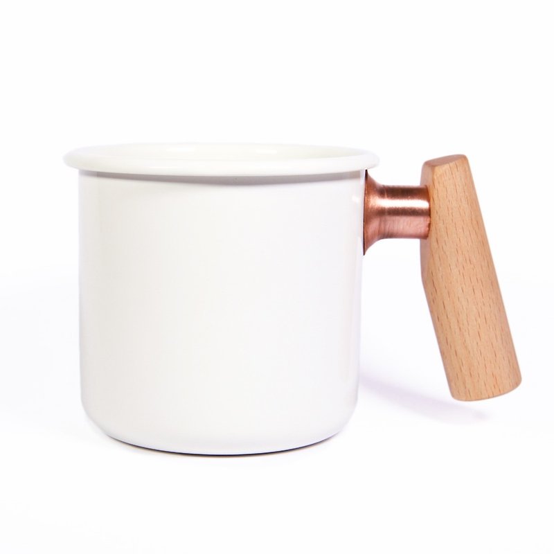 Enamel Cup with Wooden Handle 400ml (Moonlight White) Mother's Day Gift - แก้วมัค/แก้วกาแฟ - วัตถุเคลือบ ขาว