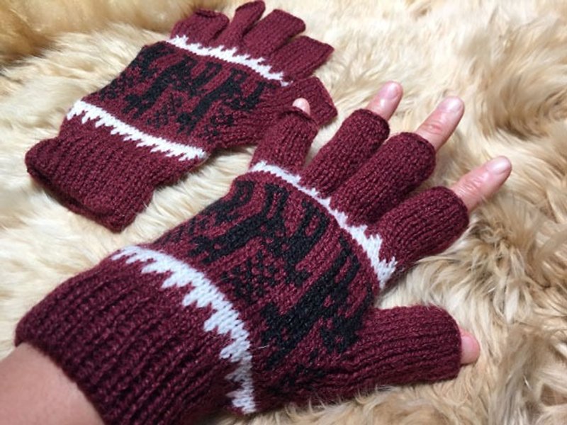 Alpaca wool gloves half finger walk - Crimson Black Sheep - ถุงมือ - วัสดุอื่นๆ สีแดง