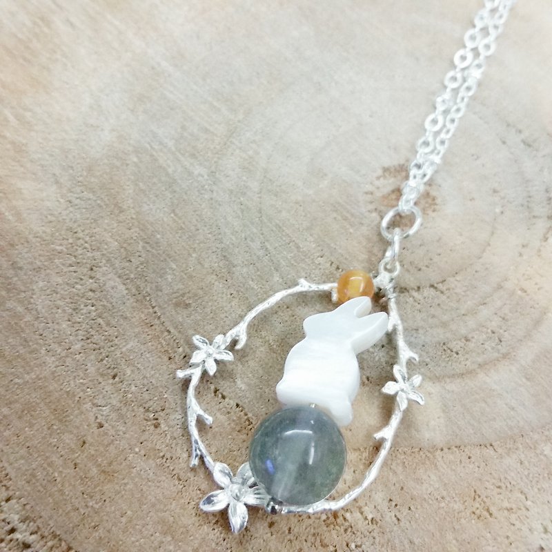 Fritillaria rabbit light blue Stone agate Silver necklace 925 - Long Necklaces - Gemstone Blue