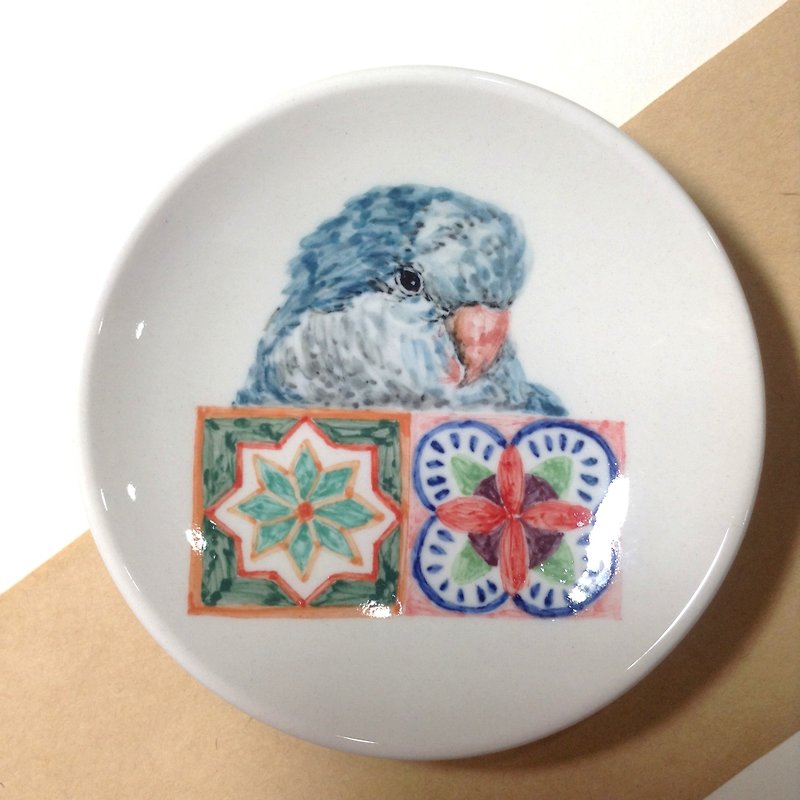 Monk Parrot Love Tiles-Hand Painted Parrot Small Dish - Small Plates & Saucers - Other Materials Multicolor