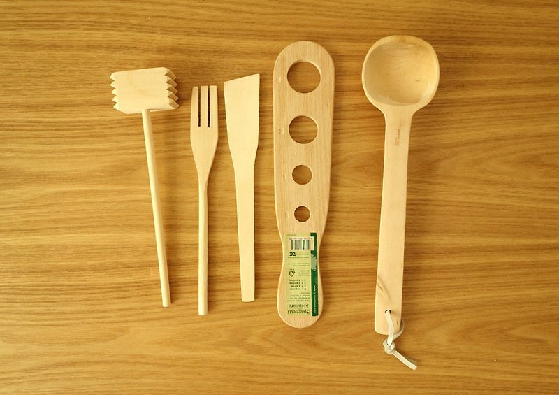 W-01-0022 aarikka木匙+木製廚具／一組5件 - 刀/叉/湯匙/餐具組 - 木頭 咖啡色