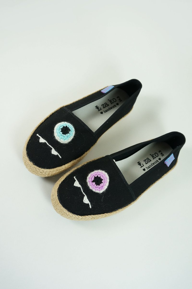 L-zako Handmade Casual Lazy Slippers Eyeball Eyeball* (Weave) - รองเท้าลำลองผู้หญิง - ผ้าฝ้าย/ผ้าลินิน สีดำ