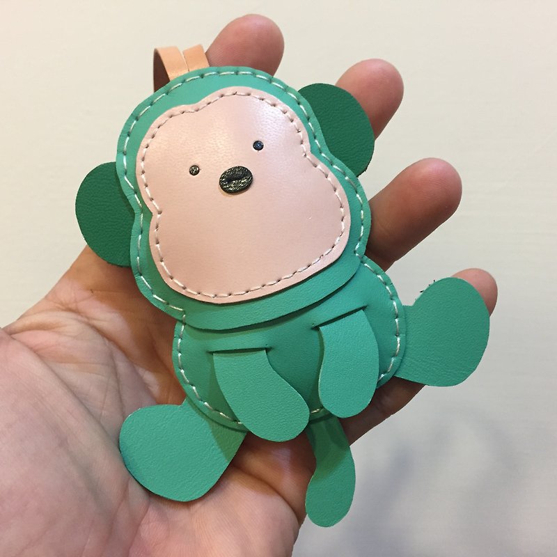 } {Leatherprince handmade leather light green cute monkey Taiwan MIT hand sewn leather strap / Kelvin the Monkey leather charm in Teal (Large size / large size) - ที่ห้อยกุญแจ - หนังแท้ สีเขียว