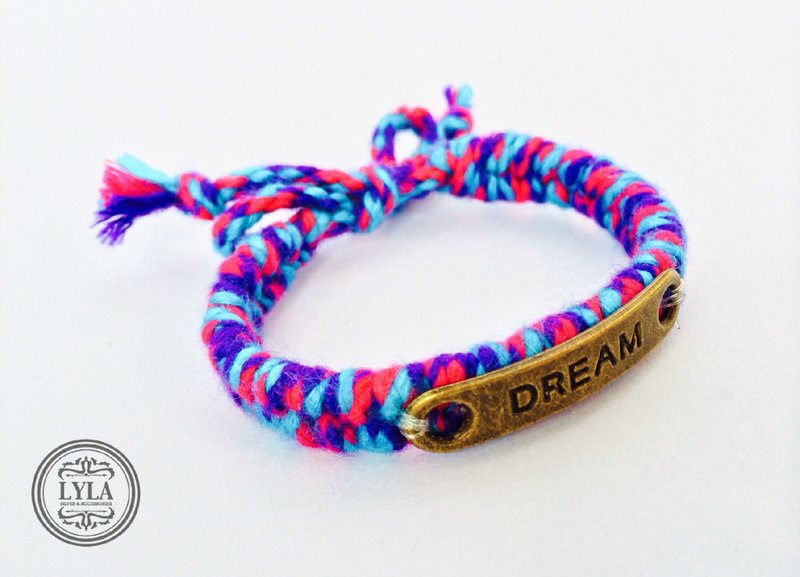 Dream古銅-桃藍紫三色編繩 - Bracelets - Cotton & Hemp Multicolor