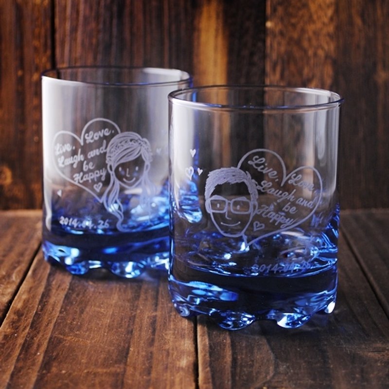 (a pair of price) 220cc [sweet honey couple cup] (simple Q version portrait) heart-to-heart wedding gift - Customized Portraits - Glass Blue