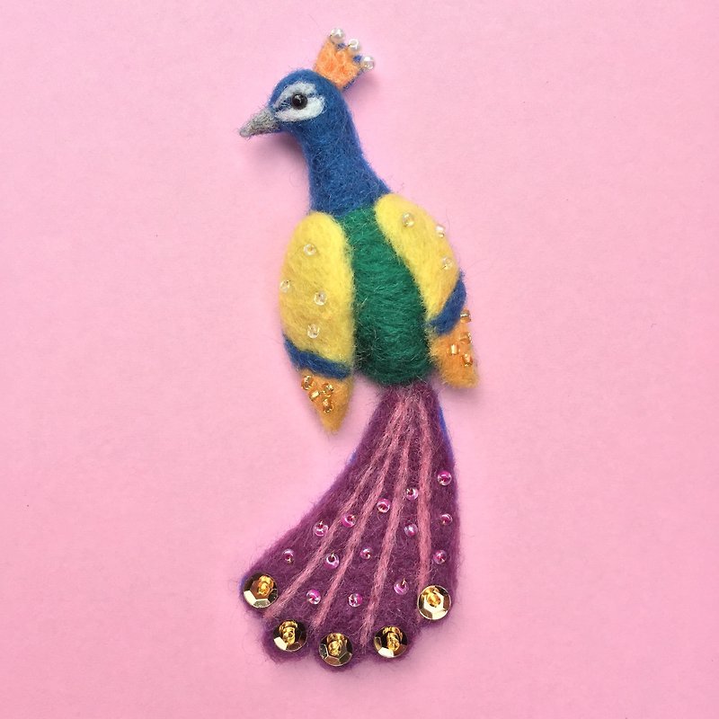 Peacock-Hand-made wool felt pins - Brooches - Wool Multicolor