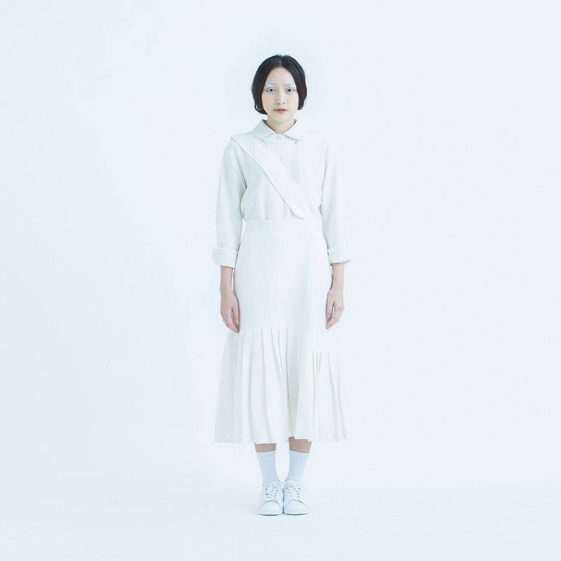 棉麻不對稱百褶裙 (附可拆除側帶) - 裙子/長裙 - 棉．麻 白色
