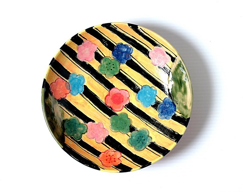 梅花と黒い縞模様の色絵皿 - 小碟/醬油碟 - 其他材質 黃色