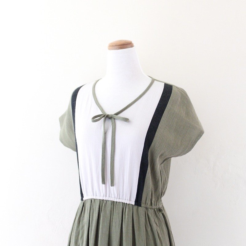 【RE0812D491】橄欖綠簡約拼接短袖古著洋裝 - 連身裙 - 其他材質 綠色