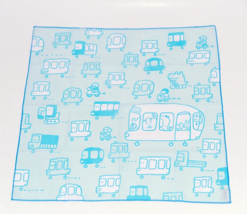 插畫手巾_公車 - 絲巾 - 棉．麻 藍色