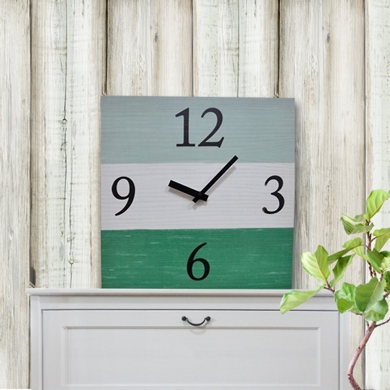 Solid wood retro fashion wall clock-lake blue-white-green-square-30cmX30cm-mute - Clocks - Wood Green