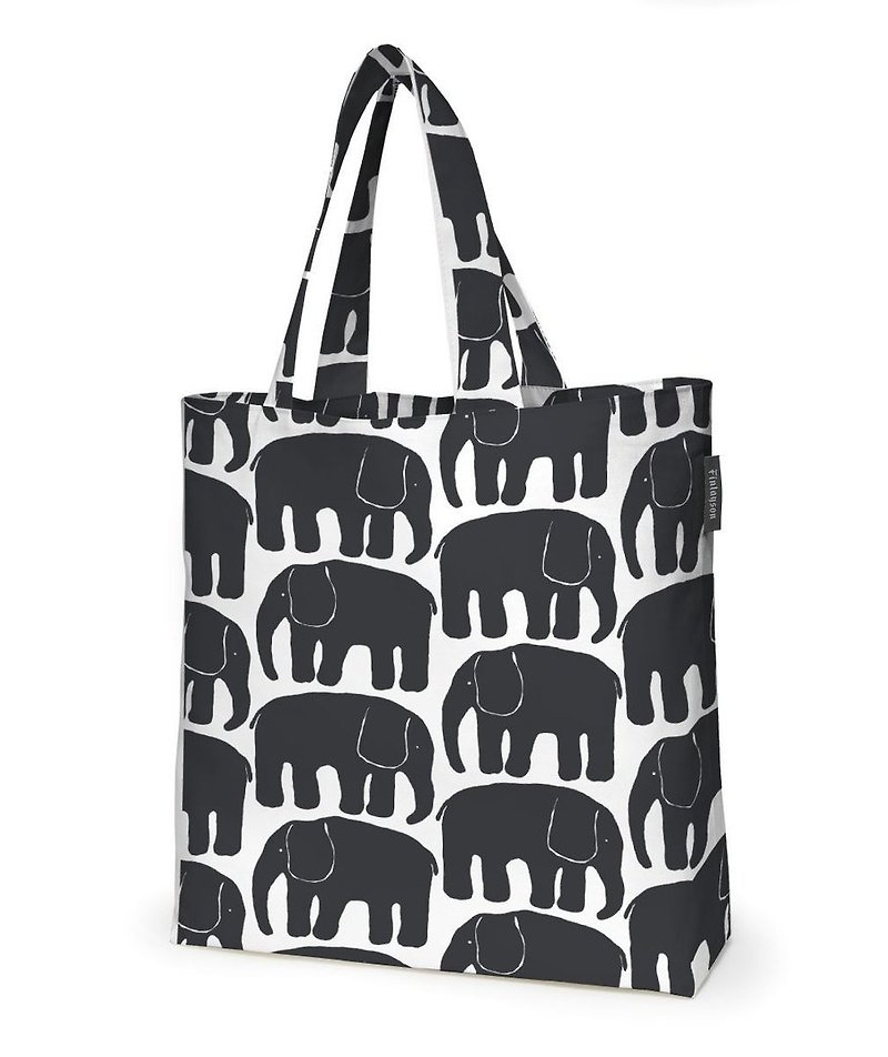 Finlayson Nordic Elephant Fabric Tote Bag (Laina Koskela Finnish Design) Valentine's Day Gift - กระเป๋าถือ - ผ้าฝ้าย/ผ้าลินิน สีดำ