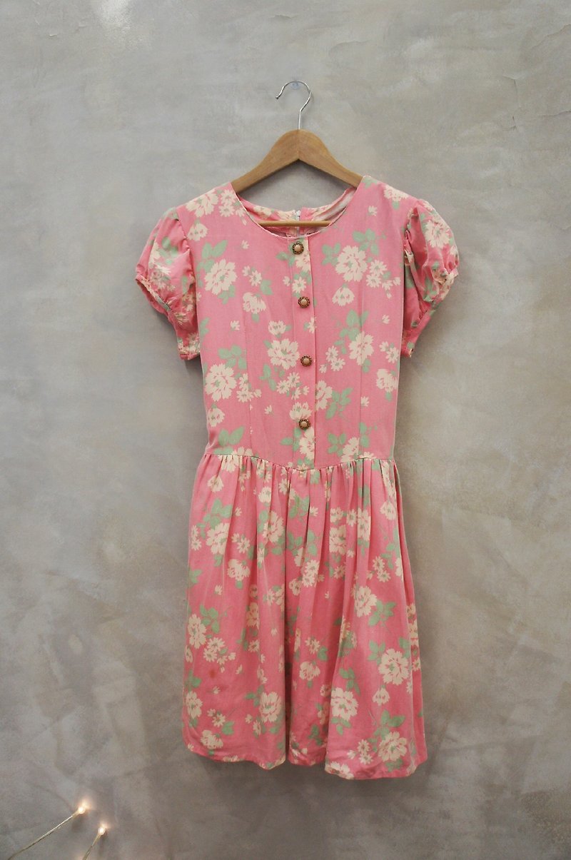 PdB vintage pink flowers blooming printing cotton dress Junior bronze flower-shaped pearl buckle class - One Piece Dresses - Other Materials Pink