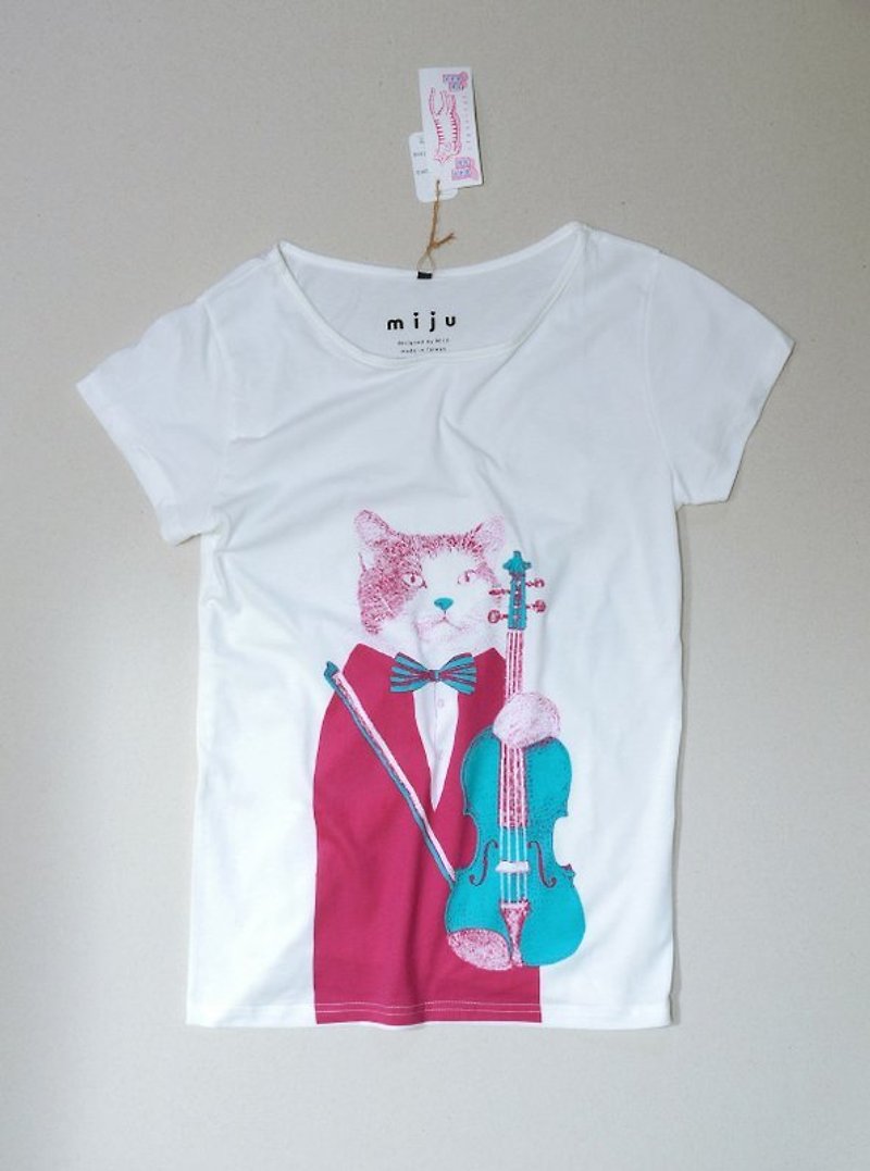 猫のバイオリンTシャツ（ピンク+ミント） - Tシャツ - コットン・麻 レッド