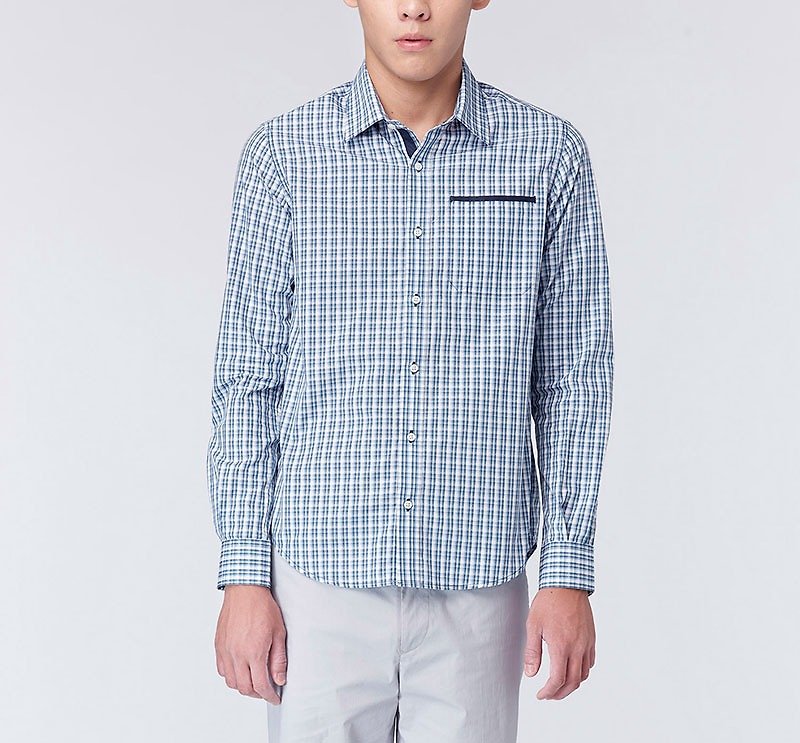 [High-quality fabric] Jacquard plaid casual long-sleeved shirt-Blue - เสื้อเชิ้ตผู้ชาย - ผ้าฝ้าย/ผ้าลินิน สีน้ำเงิน