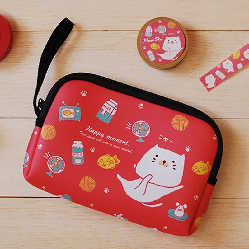 *Mori Shu*Passport Travel / Cell Phone Hard Drive 3C Pack - Bun Cat Squid Burning (Red) - กระเป๋าเครื่องสำอาง - วัสดุกันนำ้ สีแดง