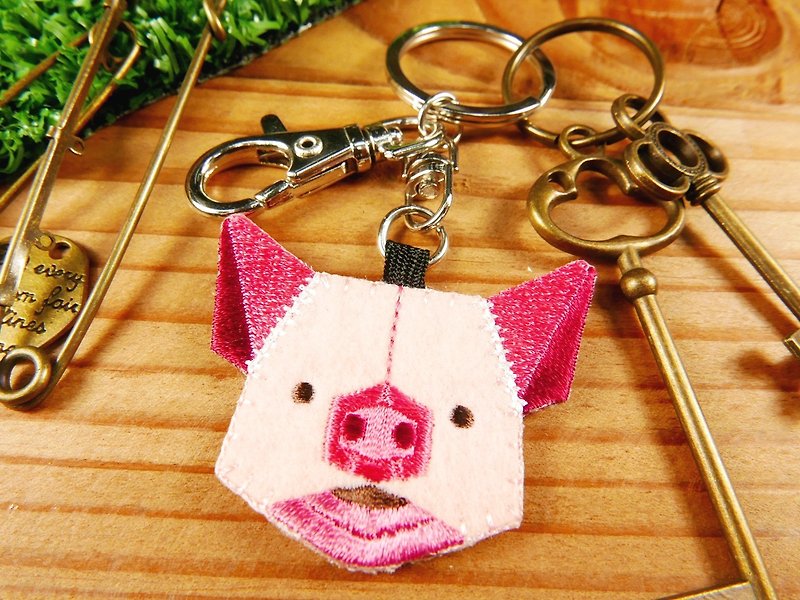 Embroidery key ring | Type animal series-pig finger doll pen case key ring | Literary light sticky - Keychains - Other Man-Made Fibers Multicolor