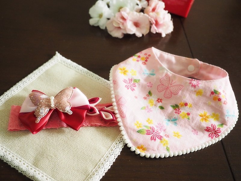 手作粉紅櫻花嬰兒圍巾及髮帶套裝 - 圍兜/口水巾 - 其他材質 粉紅色