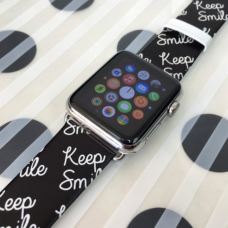 Apple Watch Series 1 ～ 5 用のレザー時計バンドにブラック キープ スマイル プリント - 腕時計ベルト - 革 ブラック