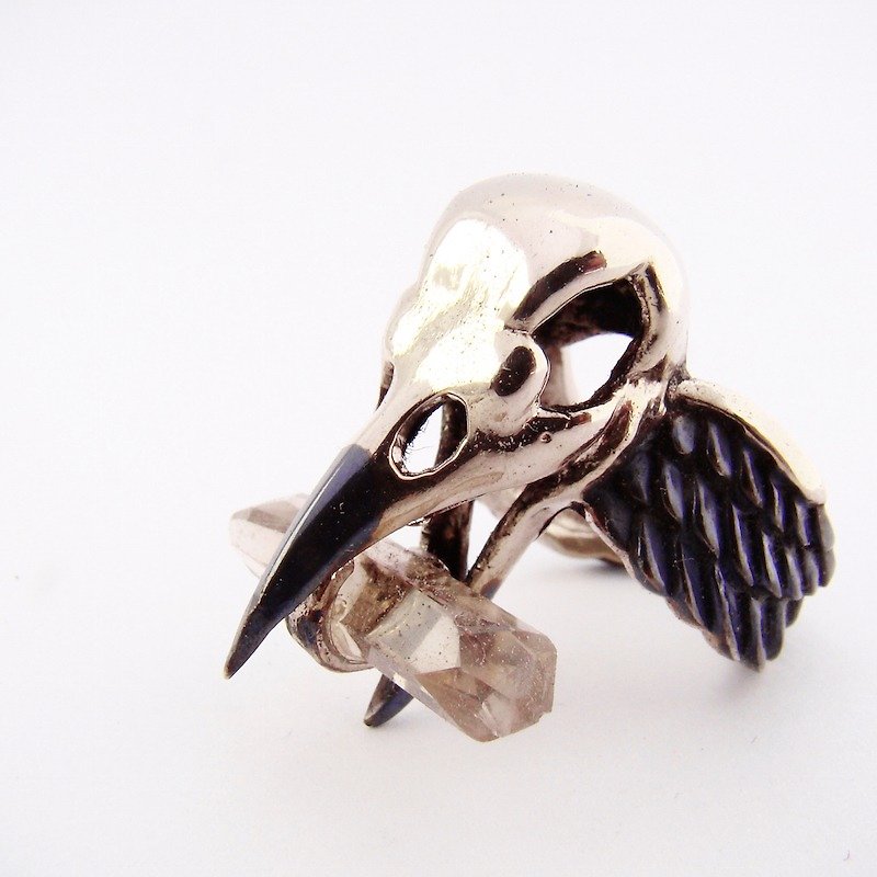 White bronze crow skull ring with smoky quartz stone and oxidized antique color - General Rings - Other Metals 