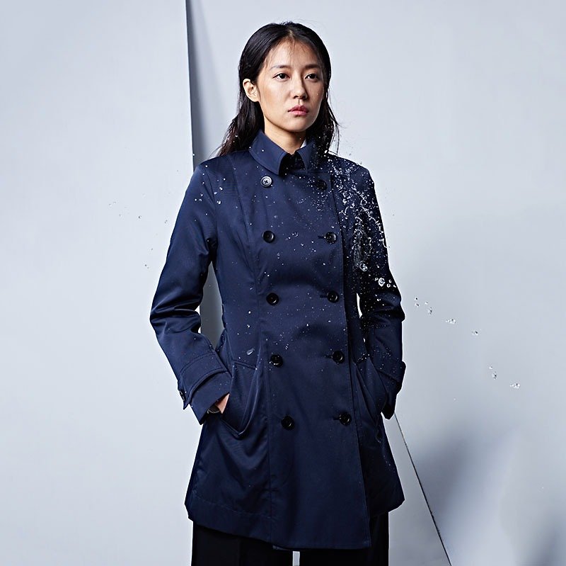 [Water-Repellent] Classic Slim Fit Windbreaker Dark Blue - Women's Blazers & Trench Coats - Other Materials Blue