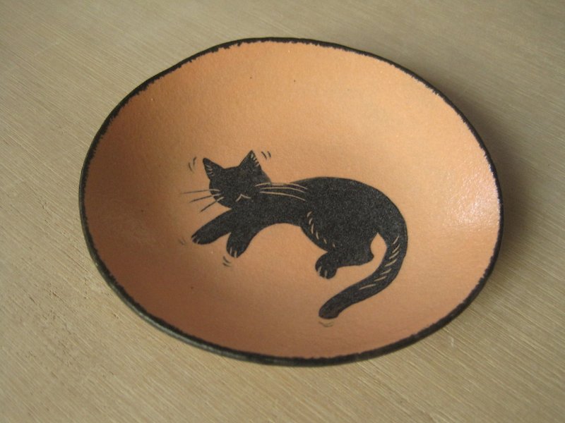 DoDo Handmade Whispers. Animal Silhouette Series-Cat Medium Plate (Pink Orange) - Plates & Trays - Pottery Orange