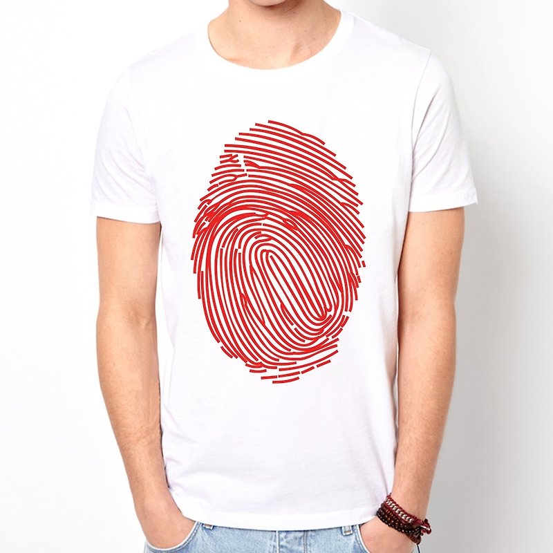 Fingerprint-red short-sleeved T-shirt-white and red fingerprint design fashionable text - Men's T-Shirts & Tops - Other Materials White