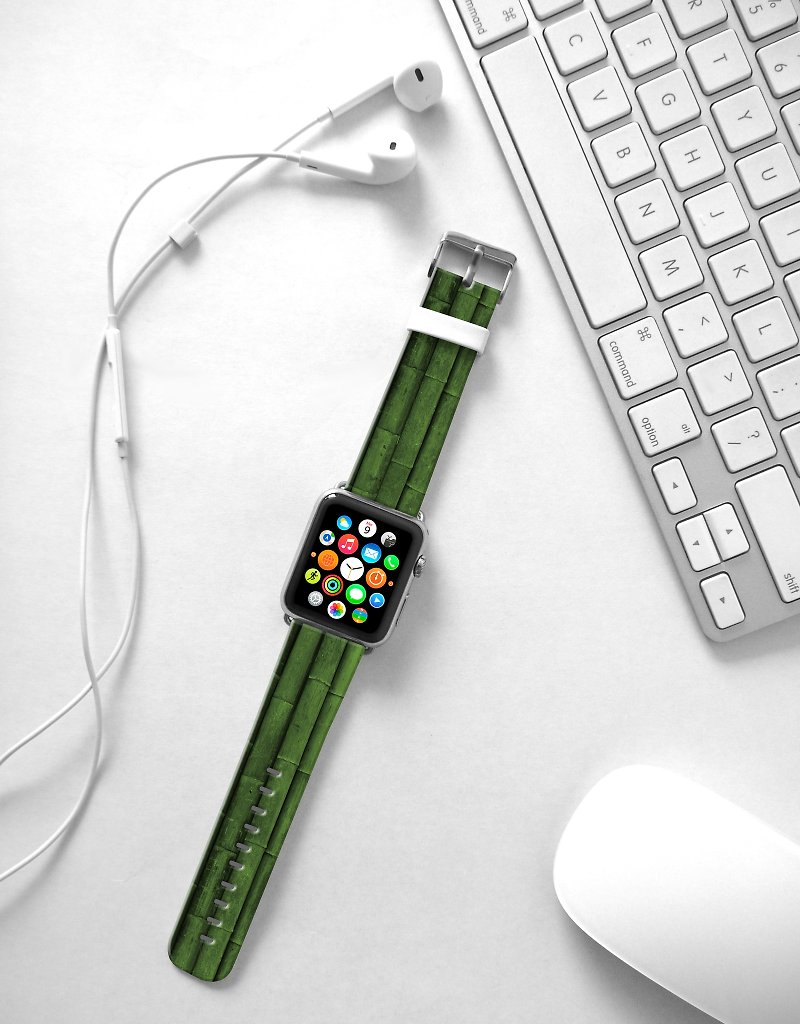Apple Watch Series 1  , Series 2, Series 3 - Green Bamboo Pattern Watch Strap Band for Apple Watch / Apple Watch Sport - 38 mm / 42 mm avilable - สายนาฬิกา - หนังแท้ 
