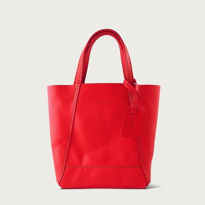 LINTZAN "hand-stitched leather" portable packet (S) tote / handbag - red apple - กระเป๋าถือ - หนังแท้ สีแดง